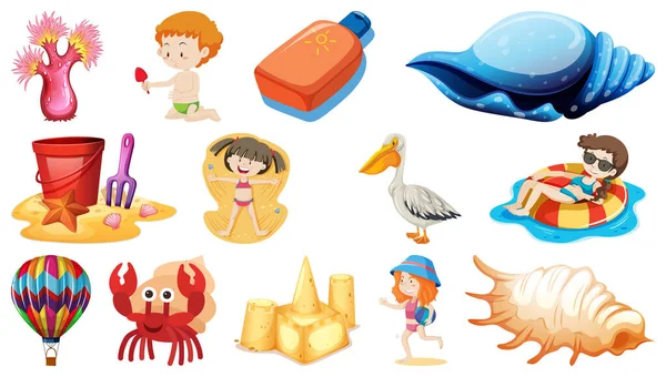 Set Van Zomer Strand Objecten Stripfiguren Illustratie — Stockvector