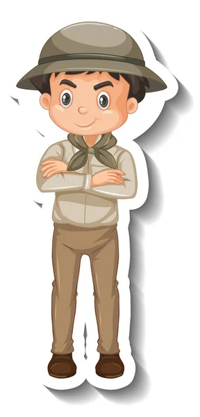 Menino Desgaste Safari Roupa Desenho Animado Personagem Adesivo Ilustração — Vetor de Stock