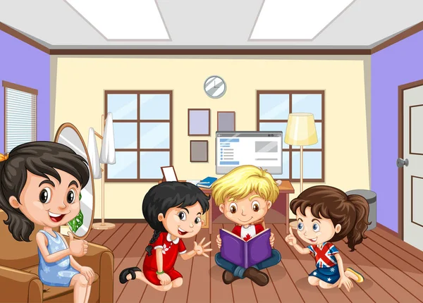 Happy Children Living Room Scene Illustration — Stockvektor
