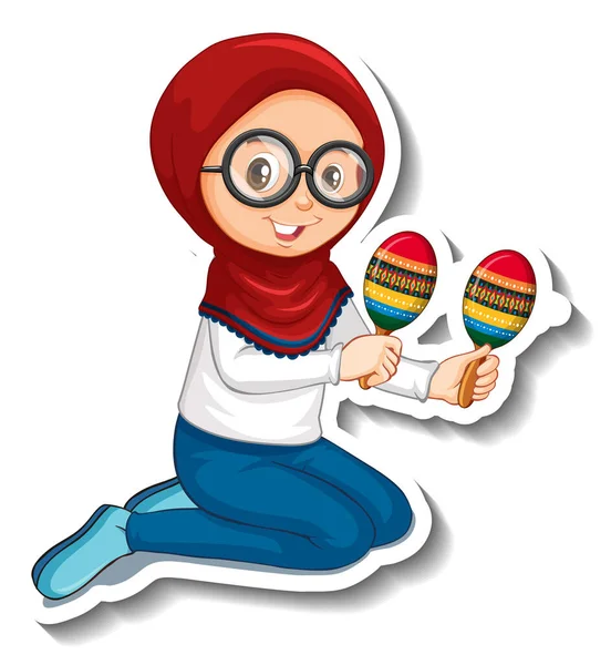 穆斯林女孩玩马德拉卡通人物贴纸插图 — 图库矢量图片