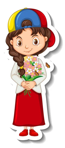 Dziewczyna Trzyma Kwiat Bukiet Kreskówka Charakter Ilustracja — Wektor stockowy