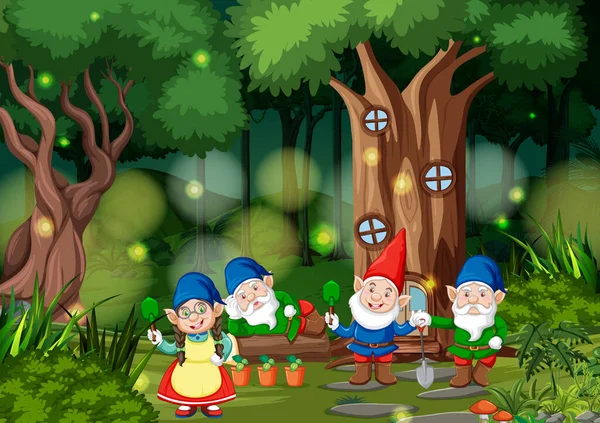 Fantasia Scena Foresta Con Gnomo Famiglia Illustrazione — Vettoriale Stock