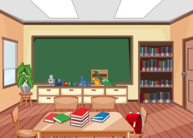 Tahta resimli okul sınıfının içi.