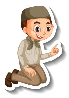 Safari kıyafetli müslüman çocuk çizgi film karakteri çıkartması çizimi