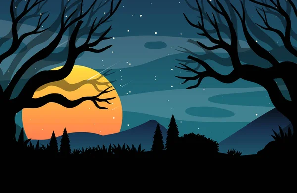 Spooky Sfondo Foresta Con Luna Piena Illustrazione — Vettoriale Stock