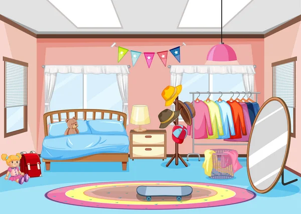 Mädchen Schlafzimmer Innenraum Szene Mit Kleiderständer Illustration — Stockvektor