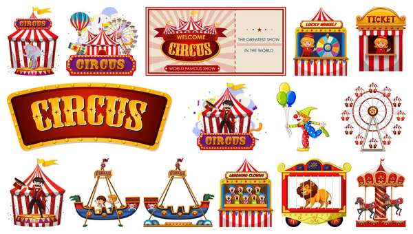 Set Circus Characters Amusement Park Elements Illustration — Wektor stockowy