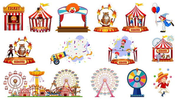 Conjunto Personagens Circo Elementos Parque Diversões Ilustração — Vetor de Stock