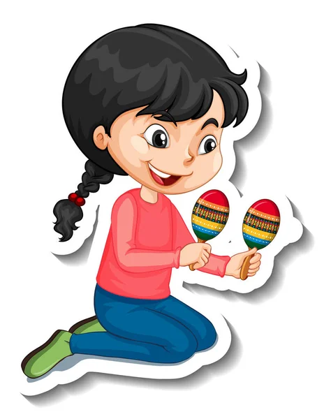 Ein Mädchen Spielt Maracas Cartoon Charakter Sticker Illustration — Stockvektor