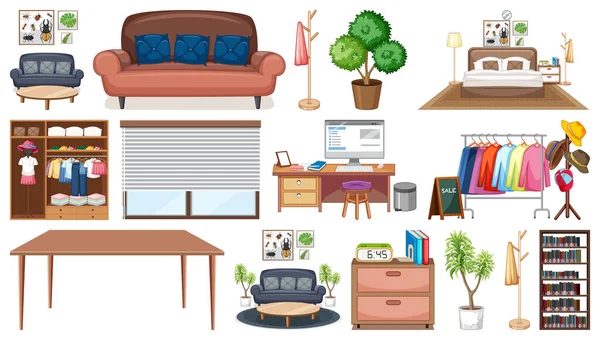 Conjunto Mobiliário Interiores Decoração Ilustração — Vetor de Stock