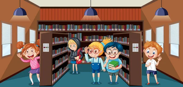 Iskolai Könyvtár Jelenet Boldog Gyerekek Illusztráció — Stock Vector