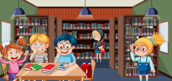 Children School Library Scene Illustration — Stockvector