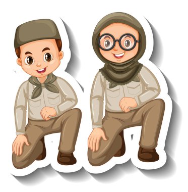Birkaç Müslüman çocuk safari kıyafeti giyiyor. Karakter çıkartması çizimleri.
