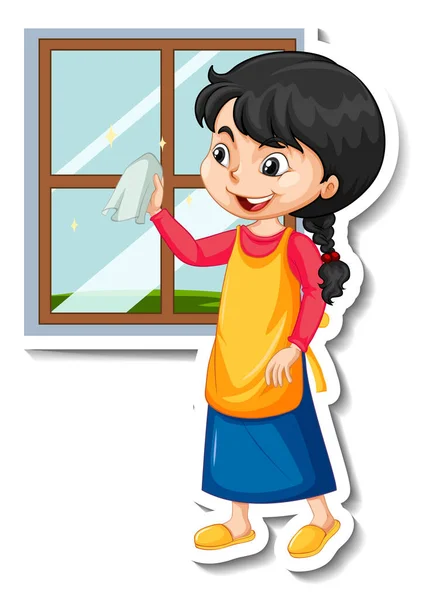 Haushälterin Mädchen Putzt Fenster Cartoon Figur Aufkleber Illustration — Stockvektor