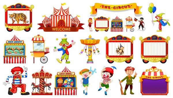 Conjunto Personajes Circo Elementos Del Parque Atracciones Ilustración — Archivo Imágenes Vectoriales