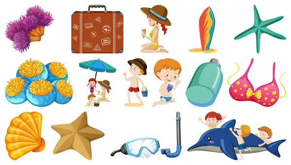 Set Von Sommer Strand Objekte Und Zeichentrickfiguren Illustration — Stockvektor