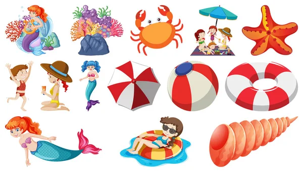 Conjunto Objetos Playa Verano Personajes Dibujos Animados Ilustración — Vector de stock