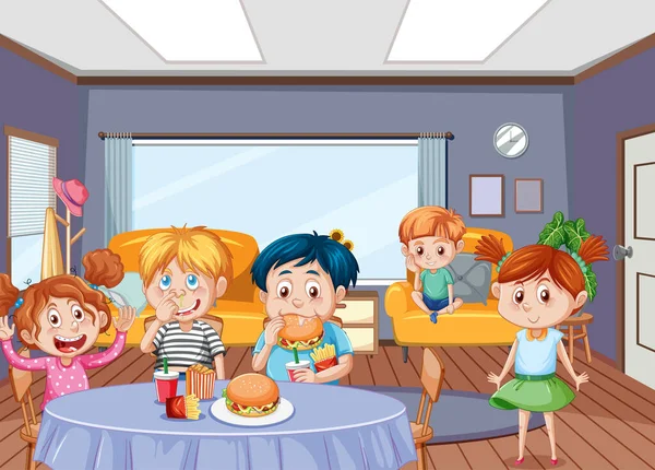 Children Having Meal Together Room Scene Illustration — Stockvektor