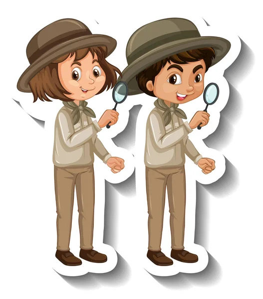 Couple Kids Wear Safari Outfit Cartoon Character Sticker Illustration — Stock Vector