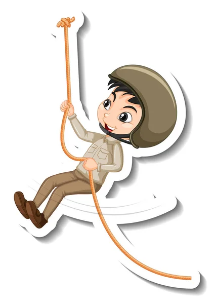 ロープ漫画のキャラクターステッカーイラストにぶら下がっているサファリ少年 — ストックベクタ