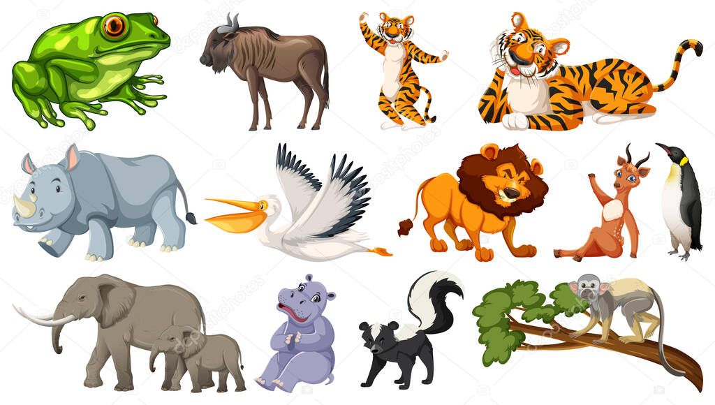 Set of different wild animals cartoon characters illustration