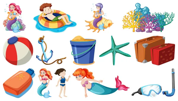 Conjunto Objetos Playa Verano Personajes Dibujos Animados Ilustración — Vector de stock