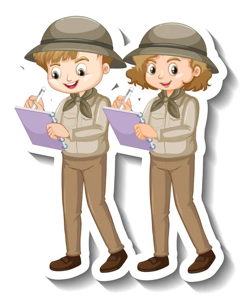 Couple Kids Wear Safari Outfit Cartoon Character Sticker Illustration — Stock Vector