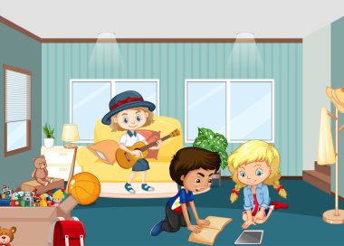 Oturma odasındaki çocuklar manzara çizimi