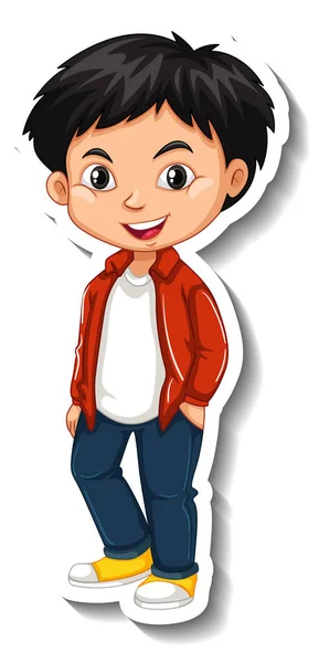 Asian Boy Wears Red Jacket Cartoon Character Sticker Illustration — Vector de stock