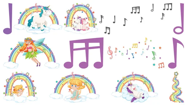 Set Fate Fantasia Cupidi Con Elementi Arcobaleno Illustrazione — Vettoriale Stock