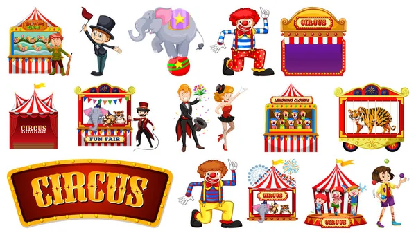 Set Circus Characters Amusement Park Elements Illustration — Stockový vektor
