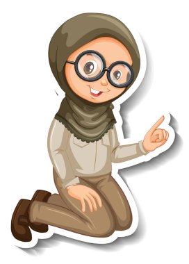 Safari kıyafetli Müslüman kız çizgi film karakteri çıkartması çizimi