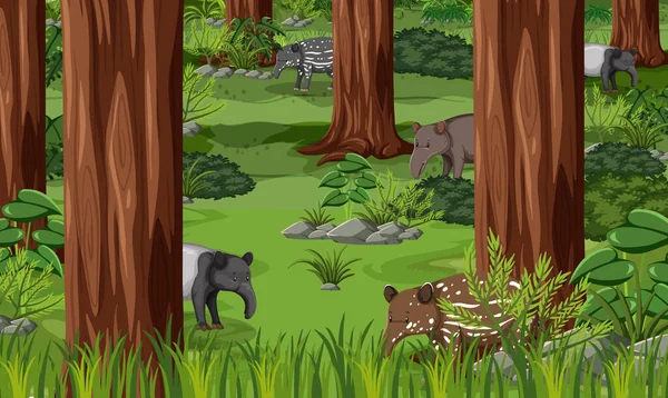 Animaux Sauvages Dans Paysage Forestier Illustration Fond — Image vectorielle