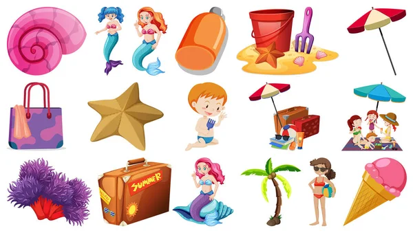 Set Oggetti Spiaggia Estivi Personaggi Dei Cartoni Animati Illustrazione — Vettoriale Stock