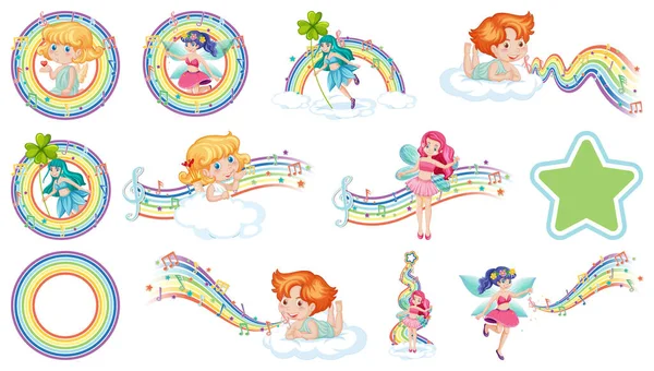 Set Fantasy Fairies Cupids Rainbow Elements Illustration — Stockový vektor