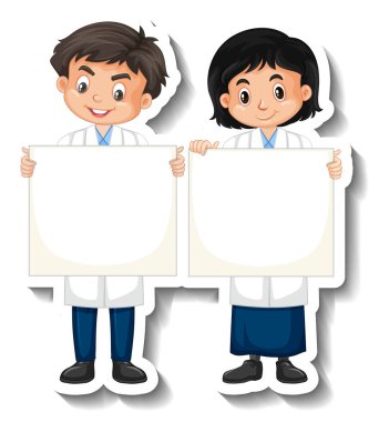 Bilim adamı çift çocukları ellerinde boş çizgi film karakteri çıkartmaları tutuyorlar.