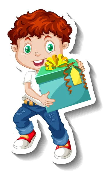 Niño Sosteniendo Caja Regalo Ilustración Estilo Dibujos Animados — Vector de stock