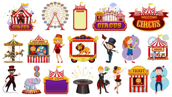 Cirkuszi Karakterek Vidámpark Elemek Gyűjteménye Illusztráció — Stock Vector