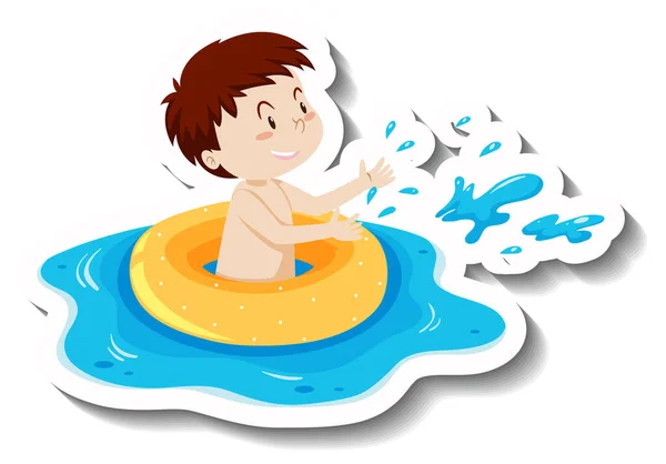 水のイラストに水泳リングを持つ男の子 — ストックベクタ