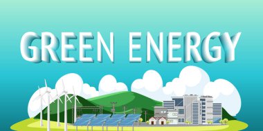 Rüzgar türbini ve güneş paneli illüstrasyonundan üretilen yeşil enerji