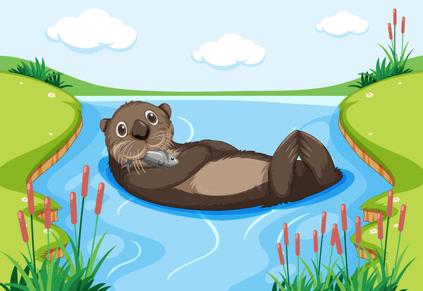 An otter floating on water in the forest illustration