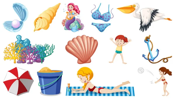 Set Von Sommer Strand Objekte Und Zeichentrickfiguren Illustration — Stockvektor