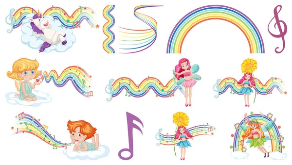 Set Fantasy Fairies Cupids Rainbow Elements Illustration — Stockový vektor