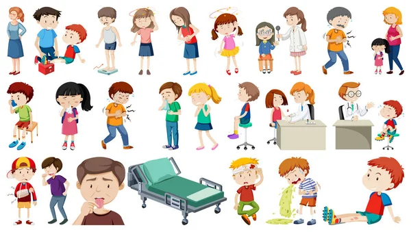 Set Sick People Different Symptoms Illustration — Stock Vector