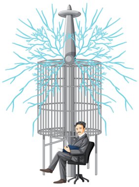 Nikola Tesla beyaz arkaplan çizimi üzerine çizgi film karakteri