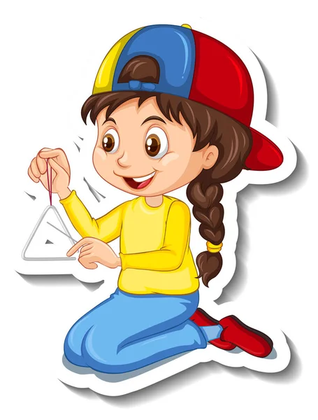Girl Playing Triangle Cartoon Character Sticker Illustration — Stock Vector
