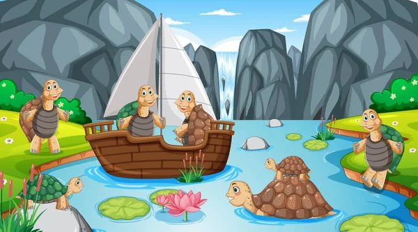 Flod Skogen Scen Med Sköldpaddor Segelbåt Illustration — Stock vektor