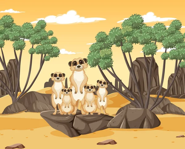 Família Meerkat Ilustração Floresta Deserto —  Vetores de Stock
