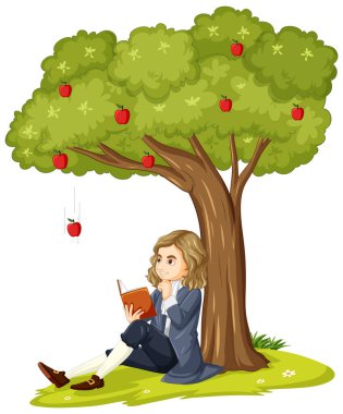 Sör Isaac Newton elma ağacının altında oturmuş bir kitap illüstrasyonunu okuyor.