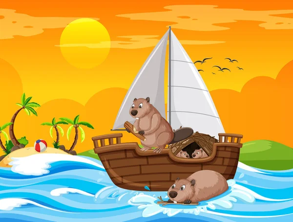 Escena Oceánica Con Castores Velero Ilustración — Vector de stock